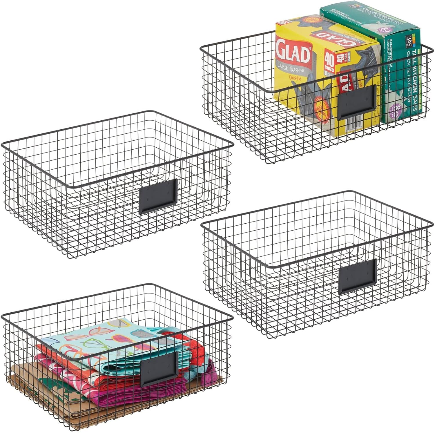 mDesign Wide Steel Wired Storage Organizer Bin Baskets with Label Slot for Kitchen Pantry, Cabinet, Organizing Holder for Food, Drinks, Snacks, Produce, Omaha Collection, 4 Pack, Matte Black