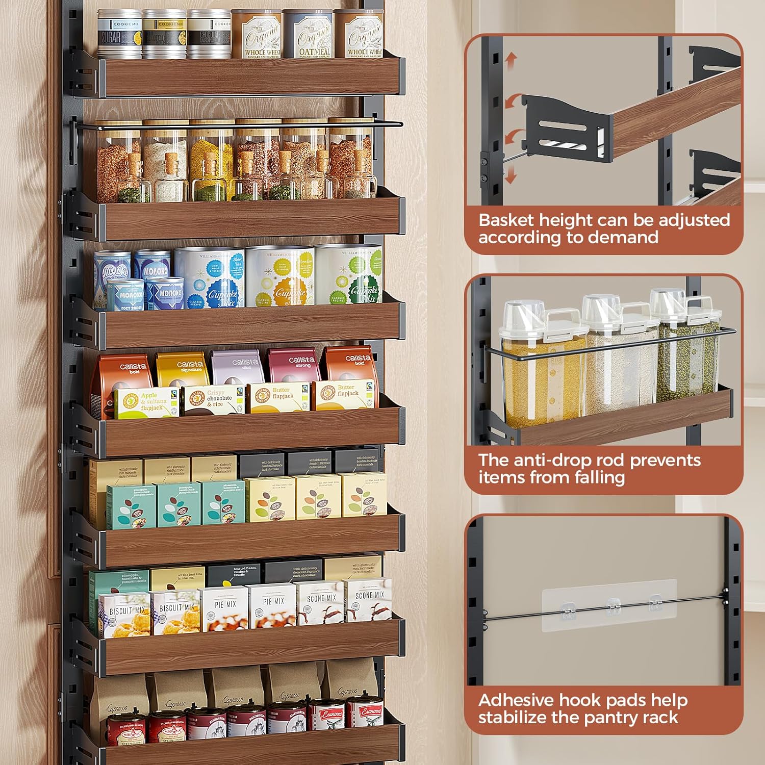 8-Tier Pantry Door Organizer, Over the Door Pantry Organizer with Wooden Adjustable Baskets, 2 IN 1 Spice Rack Wall Mount or Door Organizer, Door Spice Rack for Pantry（72.6×17.1×5.1in,Black)