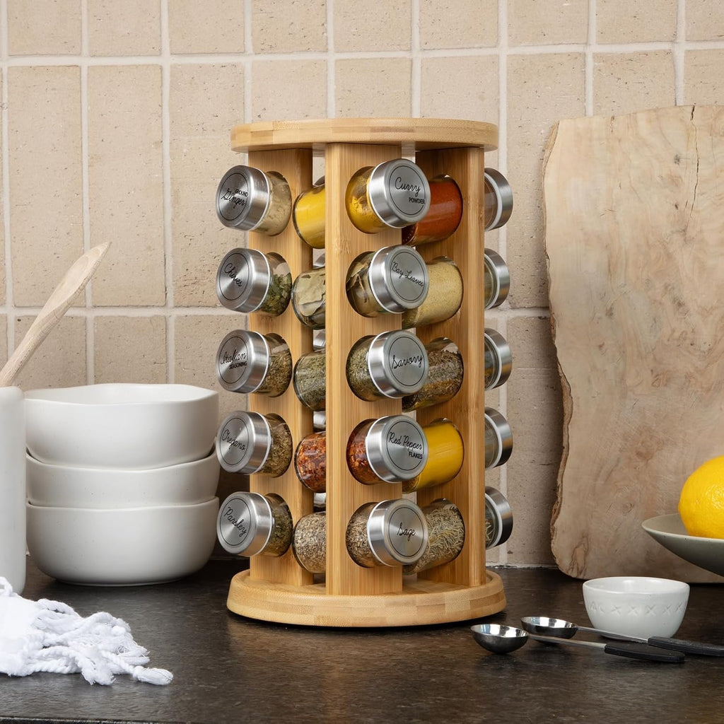 Orii 20 Jar Rotating Bamboo Spice Rack with Spices Included & 5-Year Free Spice Refill Program – Revolving Countertop Spice Rack with Glass Jars