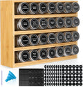 Bamboo Spice Rack Organizer With 28 Spice Jars, 780 Labels, 4 Tier Wood Hanging Shelf, Chalk Marker and Funnel Set for Drawer Cabinet Kitchen Countertop Wall Mount, Empty 4 oz Glass Jar & Shaker Lids