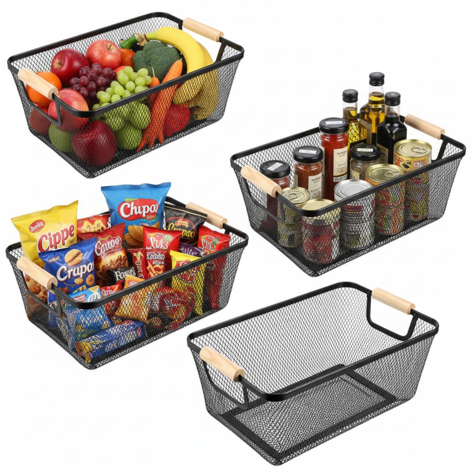 Ziliny 4 Pcs Metal Mesh Wire Baskets with Wooden Handles for Organizing, Pantry Organizers and Storage Steel Bin Kitchen Baskets for Fruit Potato Onion Snacks Bathroom Cabinet(Medium,Cream White)