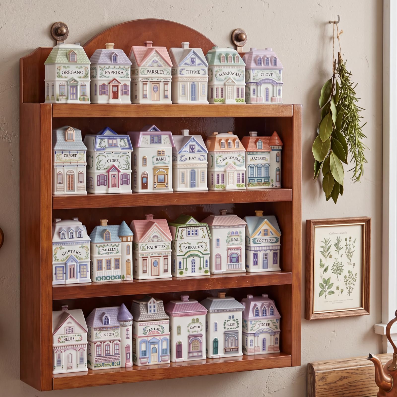 Chunful Vintage Spice Jar Wooden Rack Green Cottagecore Spice Shelf for 24 Jars, Village Style Wall Mounting Kitchen Storage Decorative Hanging Display Rack, Shelf Only