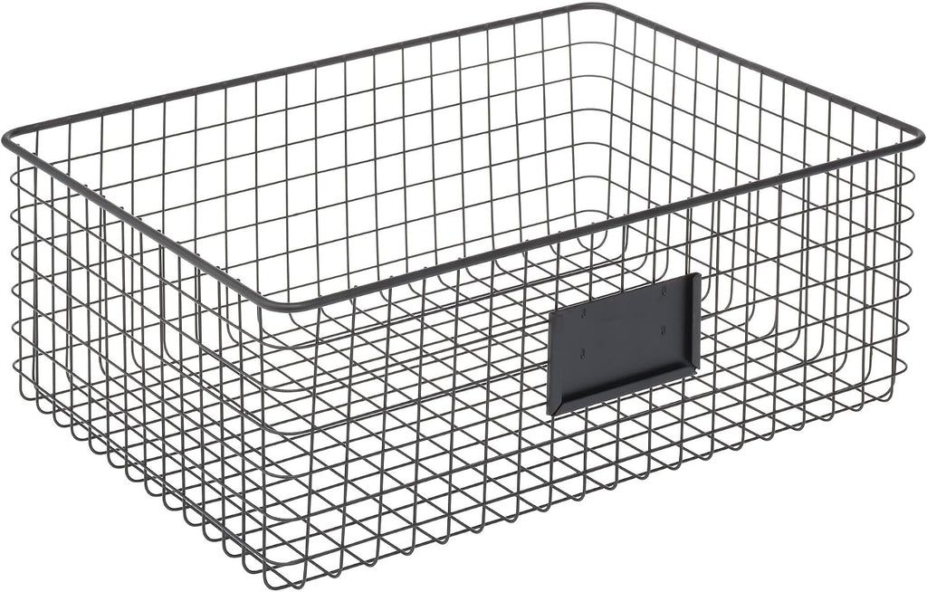 mDesign Wide Steel Wired Storage Organizer Bin Baskets with Label Slot for Kitchen Pantry, Cabinet, Organizing Holder for Food, Drinks, Snacks, Produce, Omaha Collection, 4 Pack, Matte Black