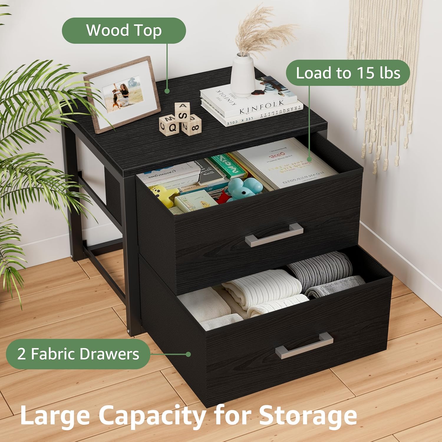BOLUO Stackable Storage Drawers Closet Organizers and Storage Fabric Black 2 Drawer Dresser for Bedroom Modern