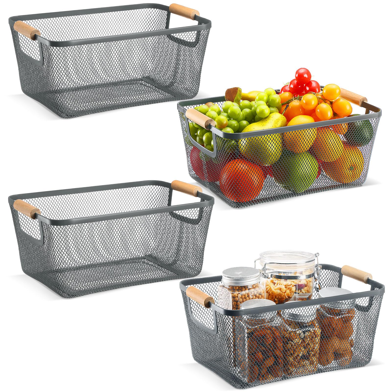 Ziliny 4 Pcs Metal Mesh Wire Baskets with Wooden Handles for Organizing, Pantry Organizers and Storage Steel Bin Kitchen Baskets for Fruit Potato Onion Snacks Bathroom Cabinet(Medium,Cream White)