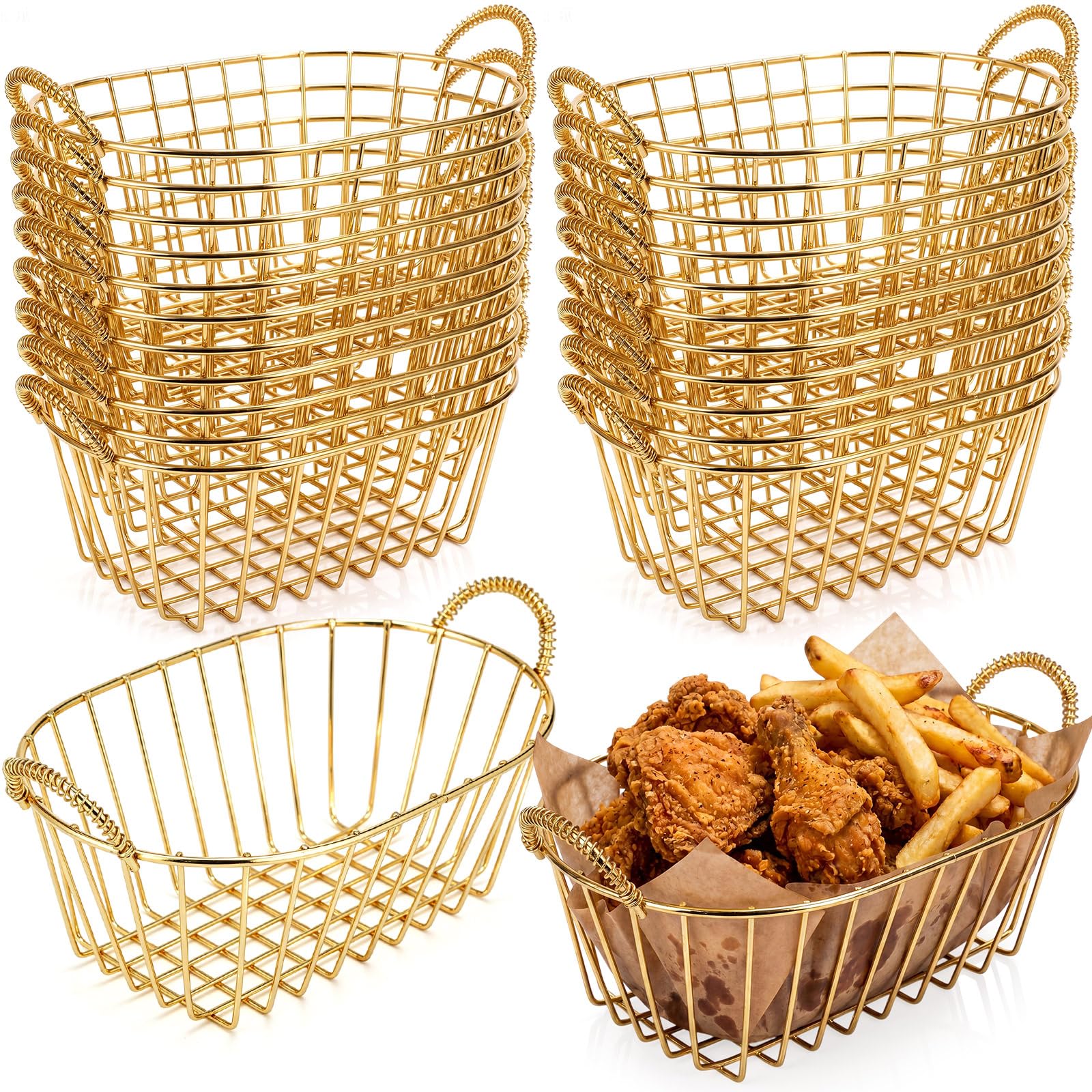 Gold 24 Pack Wire Basket Set 7.3 x 4.6 x 3.4'' Inch Reusable Oval Metal Fast Food Baskets with Handle Bread Boxes for Fruit, Burger, Sandwich, Fried Chicken, French Fries, Potato Chips
