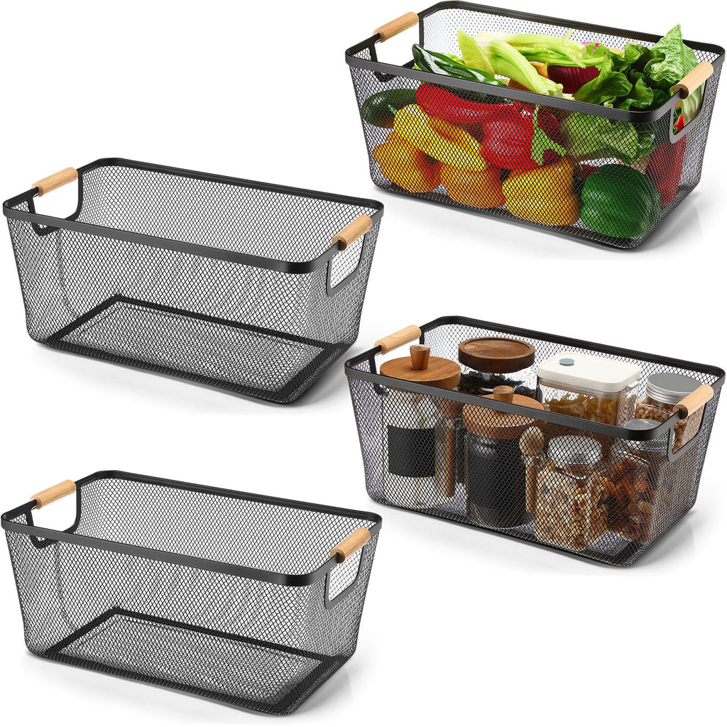 Ziliny 4 Pcs Metal Mesh Wire Baskets with Wooden Handles for Organizing, Pantry Organizers and Storage Steel Bin Kitchen Baskets for Fruit Potato Onion Snacks Bathroom Cabinet(Medium,Cream White)