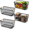 Ziliny 4 Pcs Metal Mesh Wire Baskets with Wooden Handles for Organizing, Pantry Organizers and Storage Steel Bin Kitchen Baskets for Fruit Potato Onion Snacks Bathroom Cabinet(Medium,Cream White)