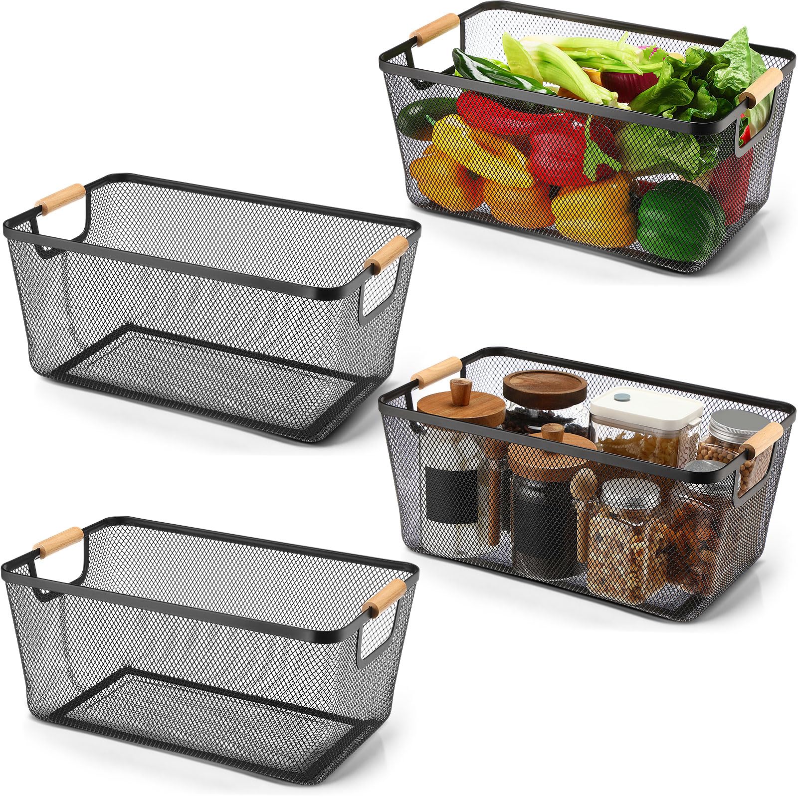 Ziliny 4 Pcs Metal Mesh Wire Baskets with Wooden Handles for Organizing, Pantry Organizers and Storage Steel Bin Kitchen Baskets for Fruit Potato Onion Snacks Bathroom Cabinet(Medium,Cream White)