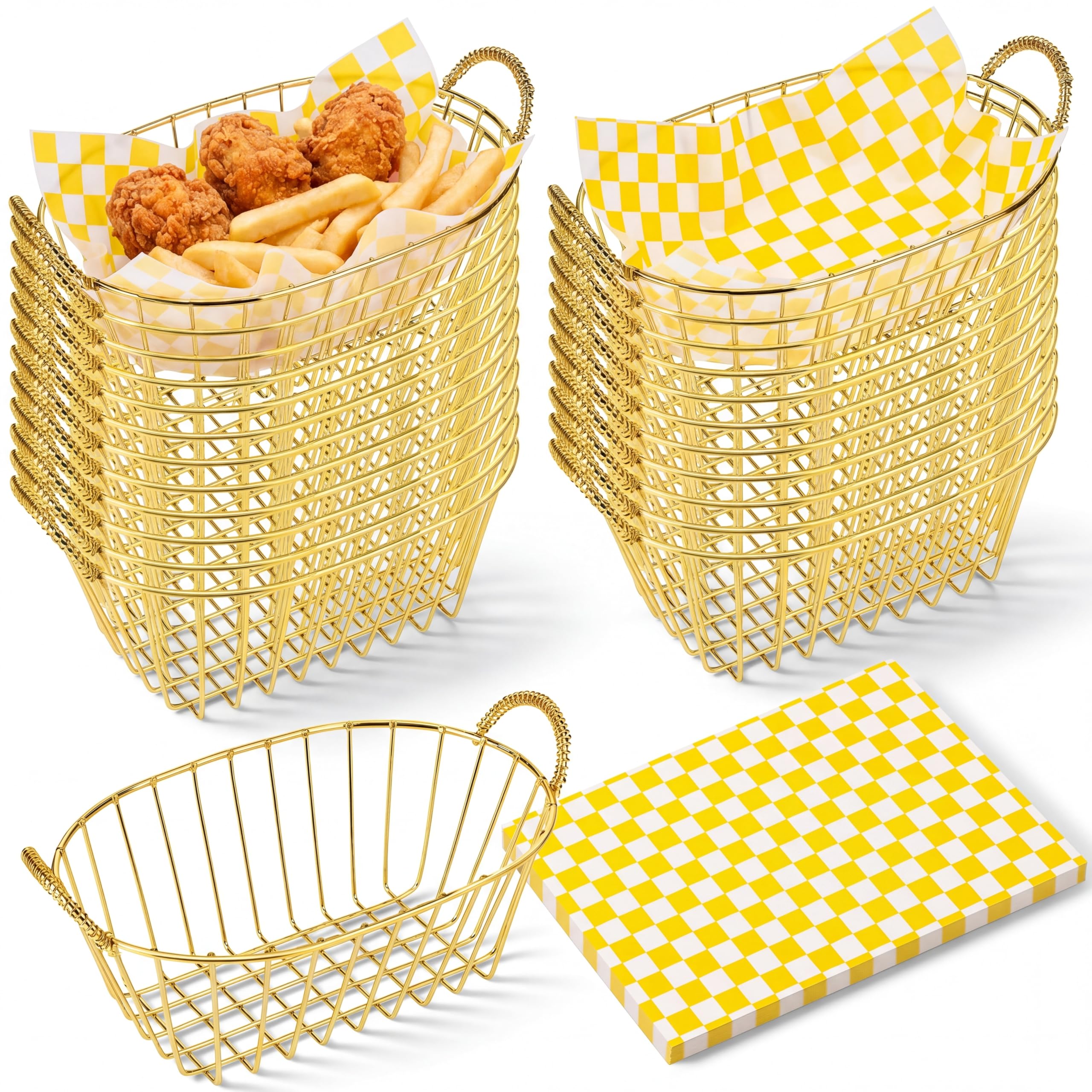 24 Pack Wire Bread Basket Set with 100 Plaid Food Blotting Sheets 7.3x4.6x3.4 Inch Metal Fast Food Baskets for Bread, Fruit, Sandwich, Fried Chicken, French Fries, Potato Chips (Black)