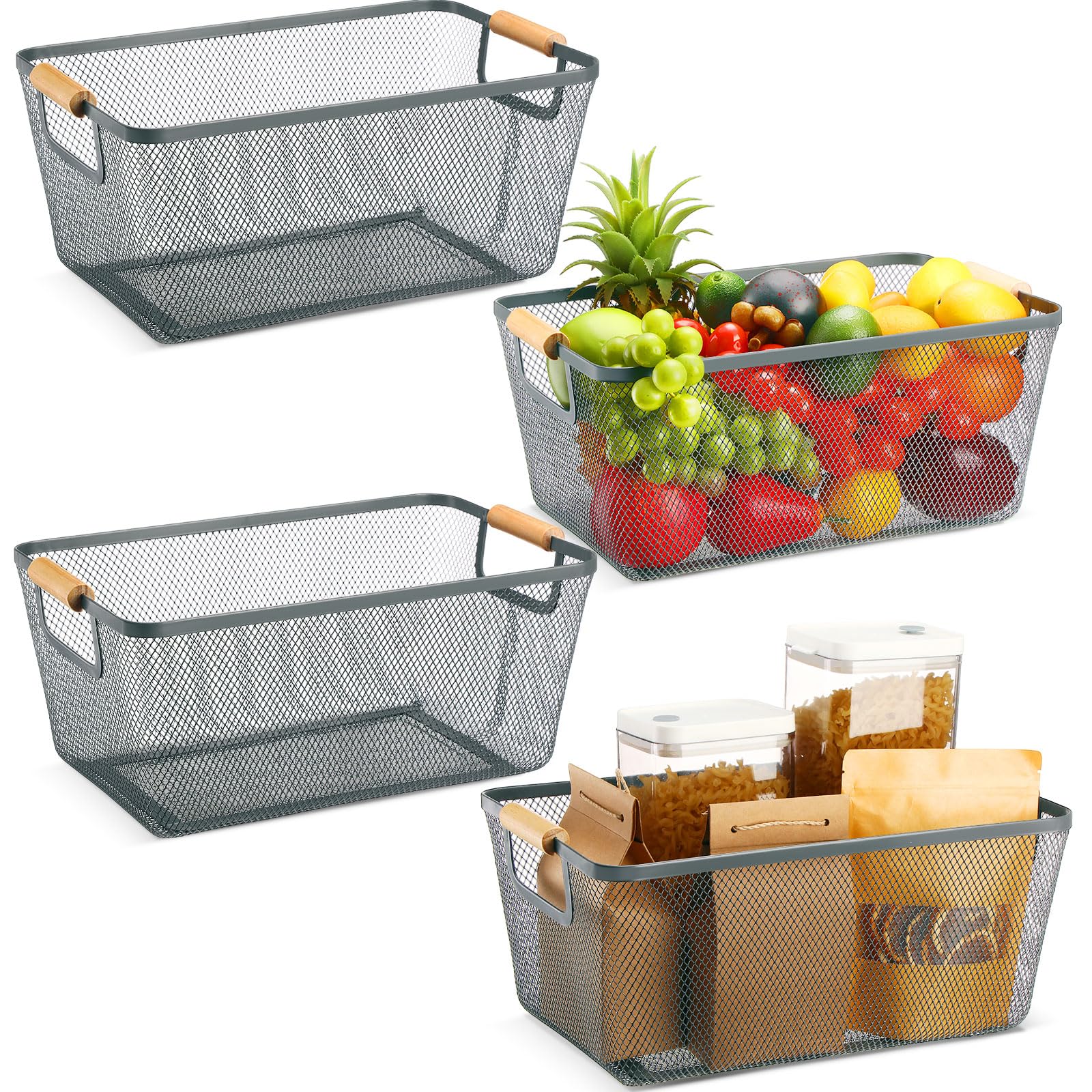 Ziliny 4 Pcs Metal Mesh Wire Baskets with Wooden Handles for Organizing, Pantry Organizers and Storage Steel Bin Kitchen Baskets for Fruit Potato Onion Snacks Bathroom Cabinet(Medium,Cream White)