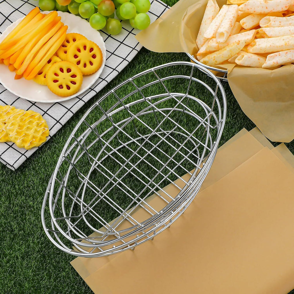 Hushee 24 Pcs Silver Wire Fast Food Basket with 100 Sheets Deli Wrapper Paper 9.5 x 6.2 x 2.2 Inches Metal Bread Box Oval Metal Dinner Basket Storage for Kitchen Bread Deli Serving Burger Picnic Party