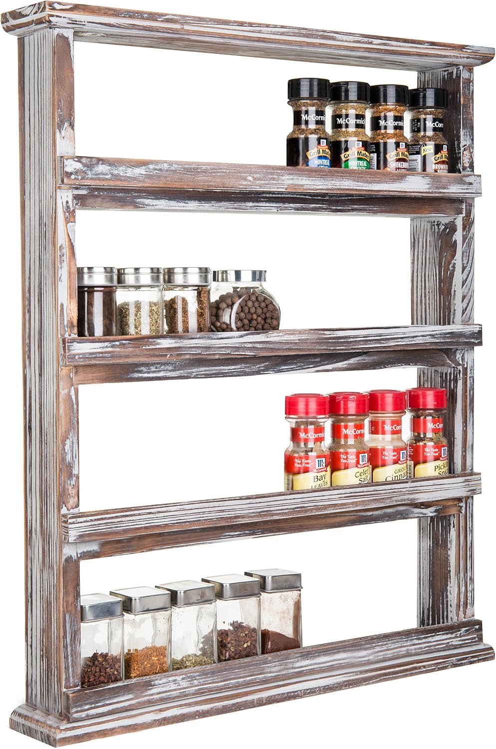 MyGift Wooden Spice Rack Wall Mount, Hanging 4 Tier Seasoning Jar Shelf Organizer, Condiment Storage for Kitchen, Pantry, Large Spice Organization, Vintage Rustic Torched