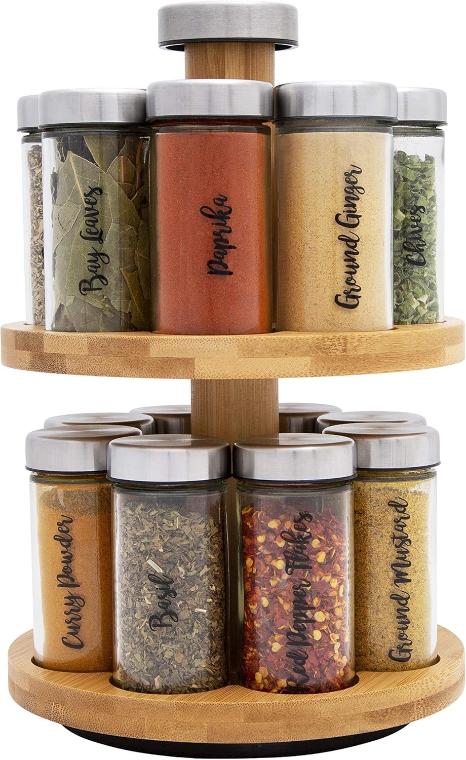 Orii 16 Jar Spice Rack with Spices Included & 5-Year Free Spice Refill Program - Rotating Countertop 2 Tier Tower Organizer for Kitchen Spices and Seasonings, (Bamboo Wood)