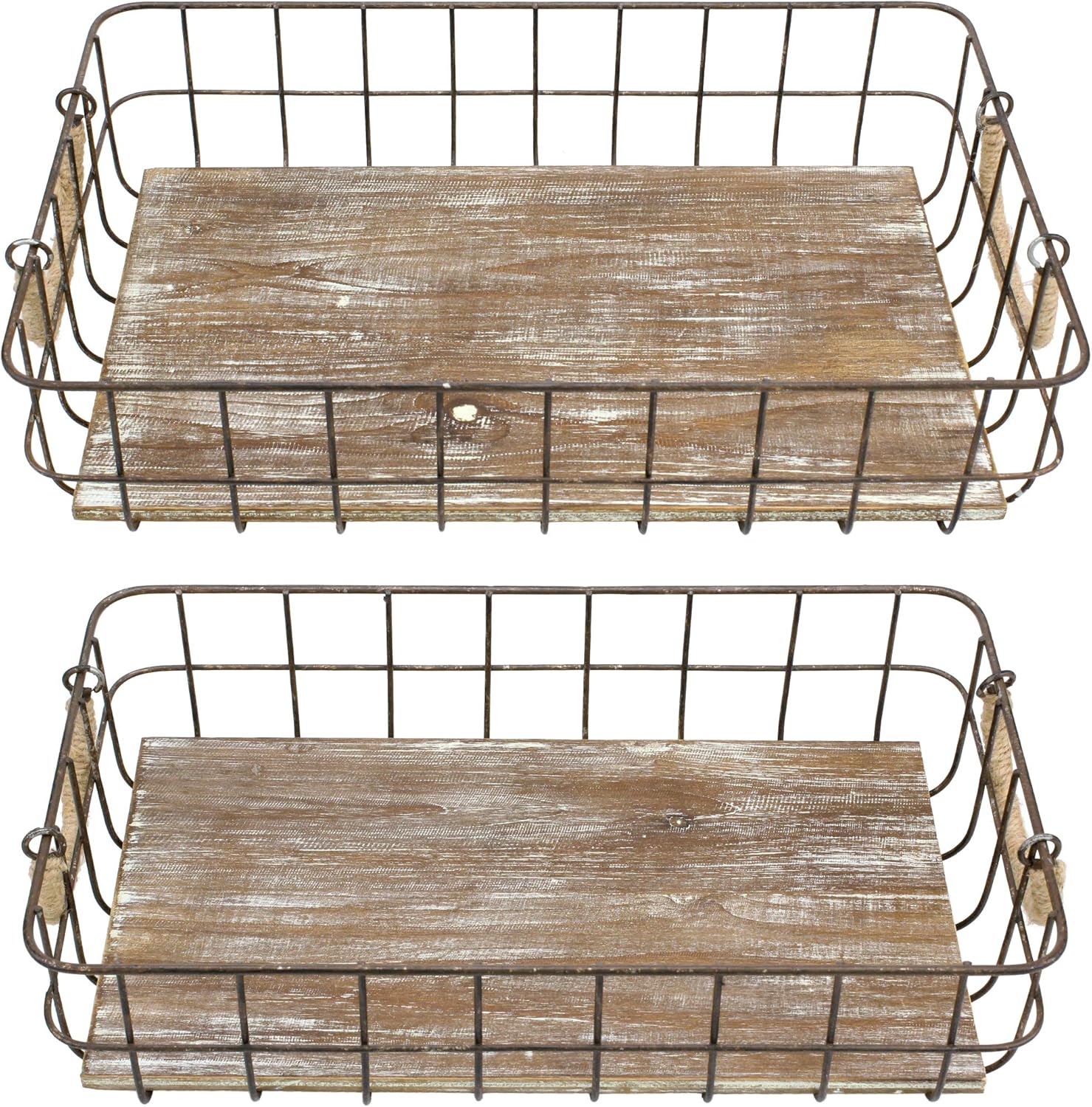 Stonebriar Stackable 2pc Rectangle Metal Wire and Wood Basket Set with Rope Wrapped Handles, Rustic Decor for Home Storage, Decorative Serving Baskets for Weddings, Birthdays, and Holiday Parties