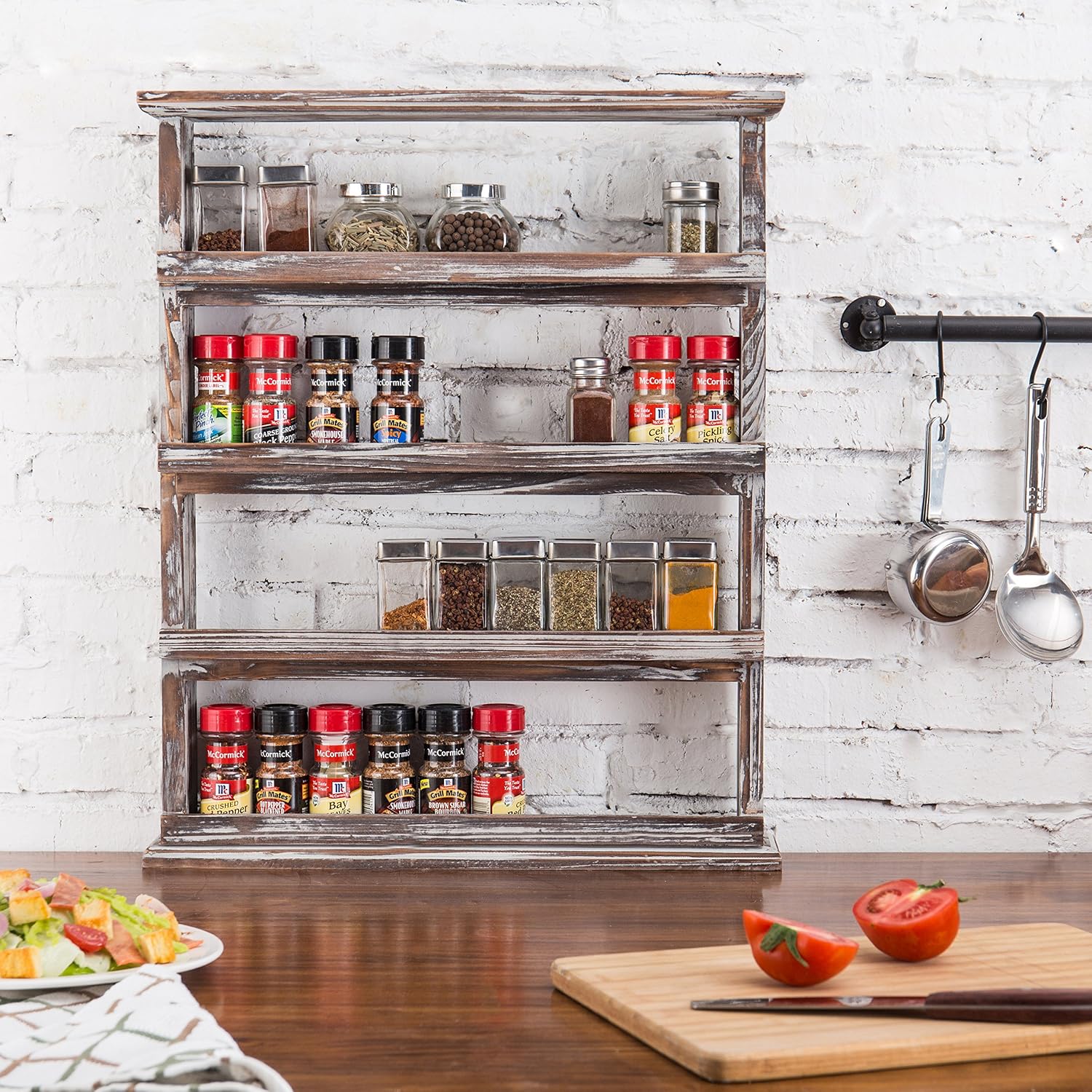 MyGift Wooden Spice Rack Wall Mount, Hanging 4 Tier Seasoning Jar Shelf Organizer, Condiment Storage for Kitchen, Pantry, Large Spice Organization, Vintage Rustic Torched